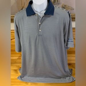 Peter Millar Summer Comfort Mens L Polo Golf Shirt Blue White Stripe Tour Logo